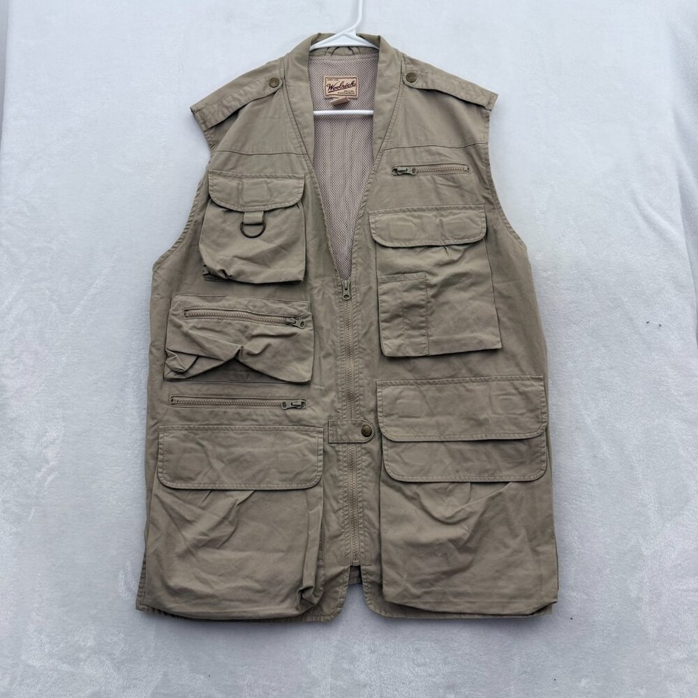 Woolrich Vest Mens L Beige Full Zip Outdoor Hiking Fishing Hunting Multi Pockets
